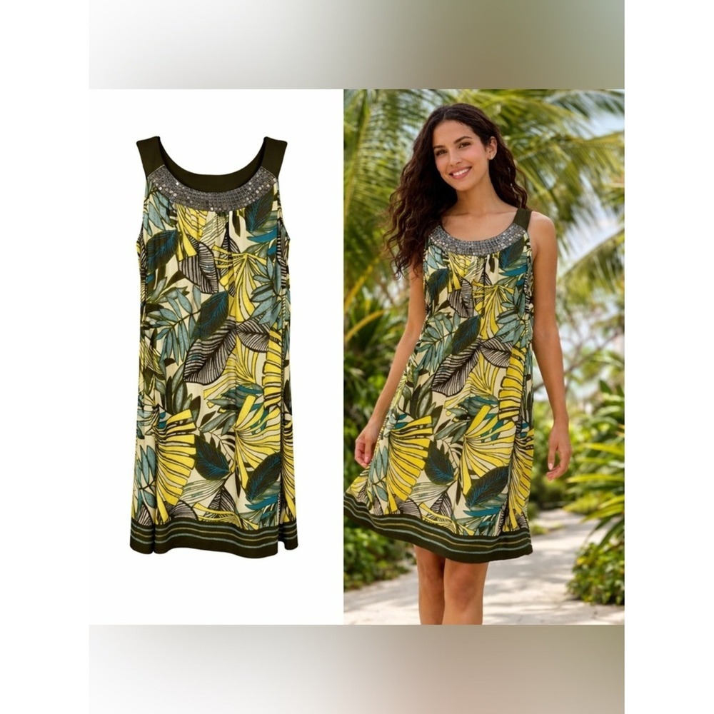 Womens Floral Palm Tree Dress Size 16W Beachy Tropical Coastal Embellished